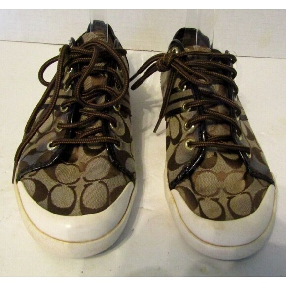 Coach Trainers Folly Sneakers Brown Signature Canvas Leather Trim Size 10 - Picture 3 of 11